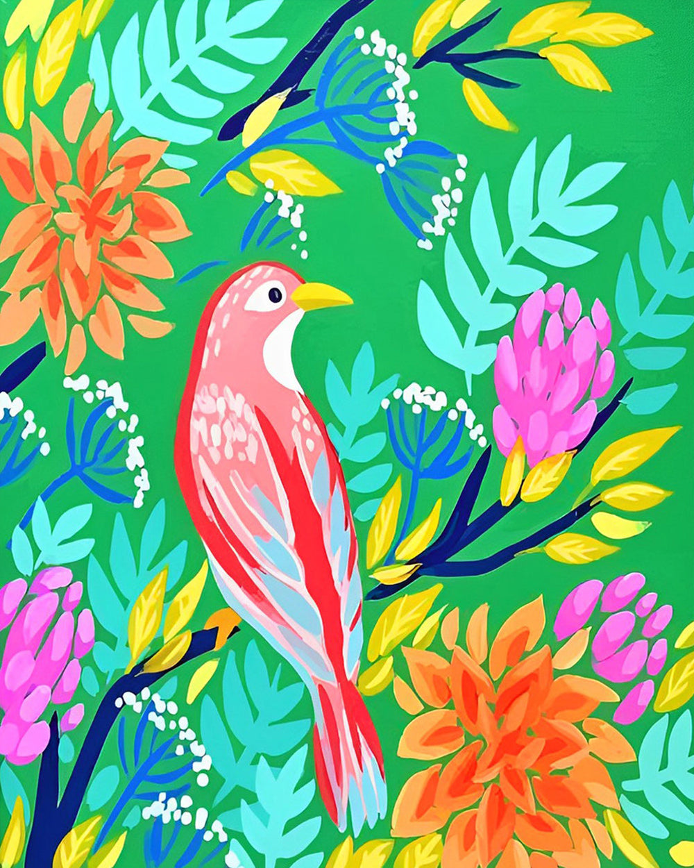 Roze Cartoon Vogel op de Tak Diamond Painting