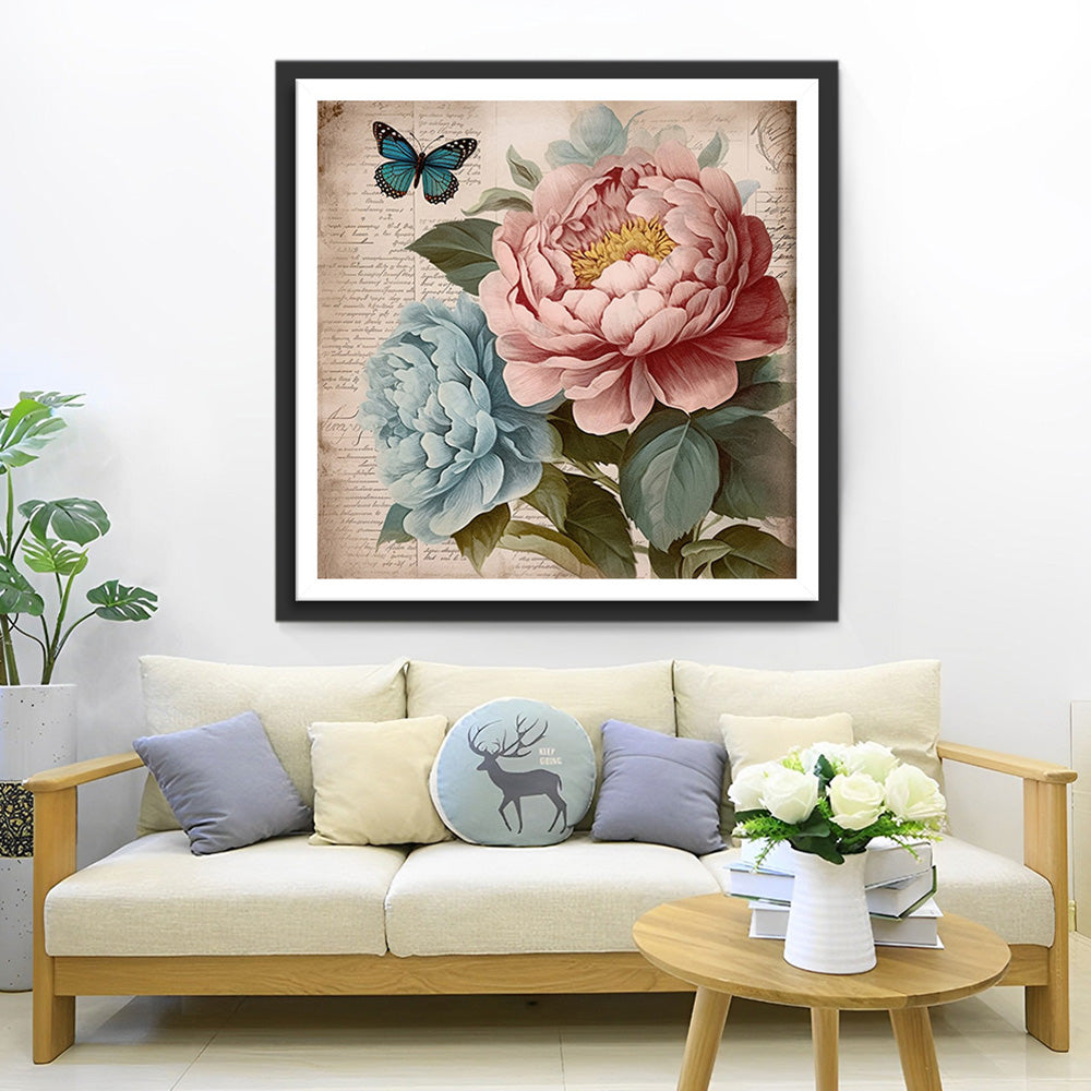 Roze en Blauwe Pioenen Diamond Painting