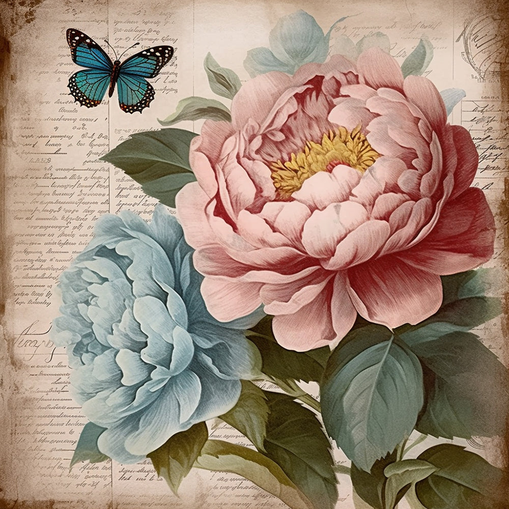 Roze en Blauwe Pioenen Diamond Painting