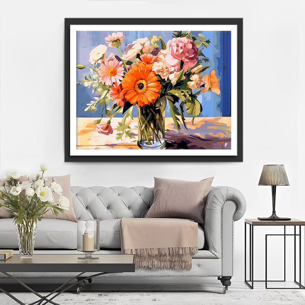 Roze en Oranje Bloemen in Glazen Vaas Diamond Painting