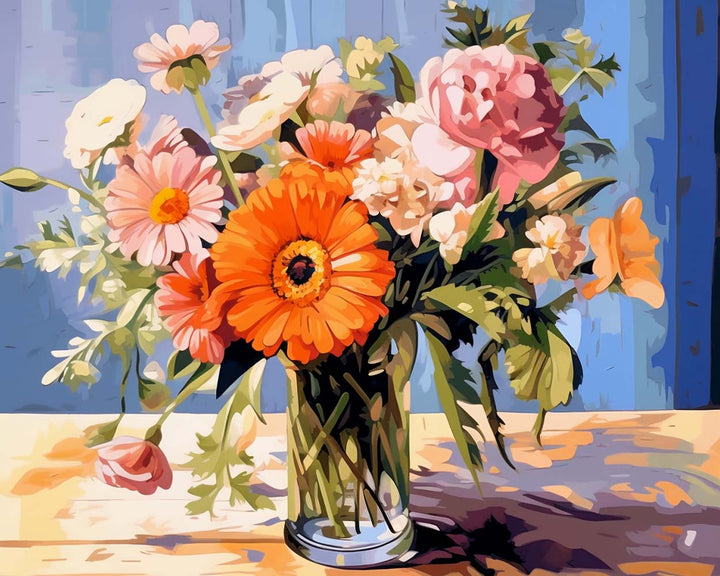 Roze en Oranje Bloemen in Glazen Vaas Diamond Painting