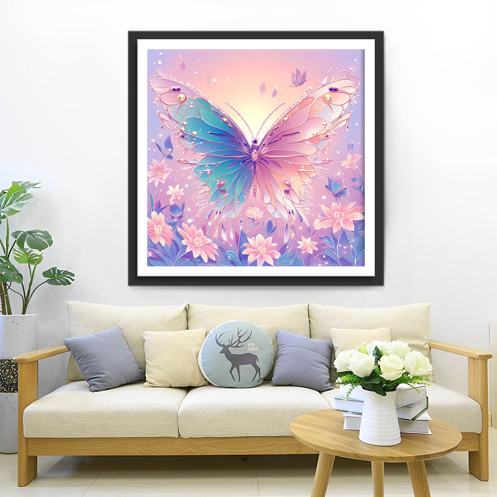 Roze en Paarse Bloemen en Vlinders Diamond Painting