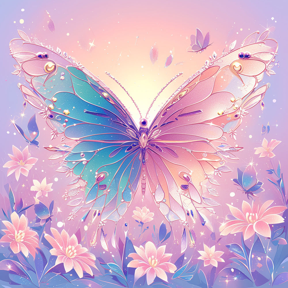 Roze en Paarse Bloemen en Vlinders Diamond Painting