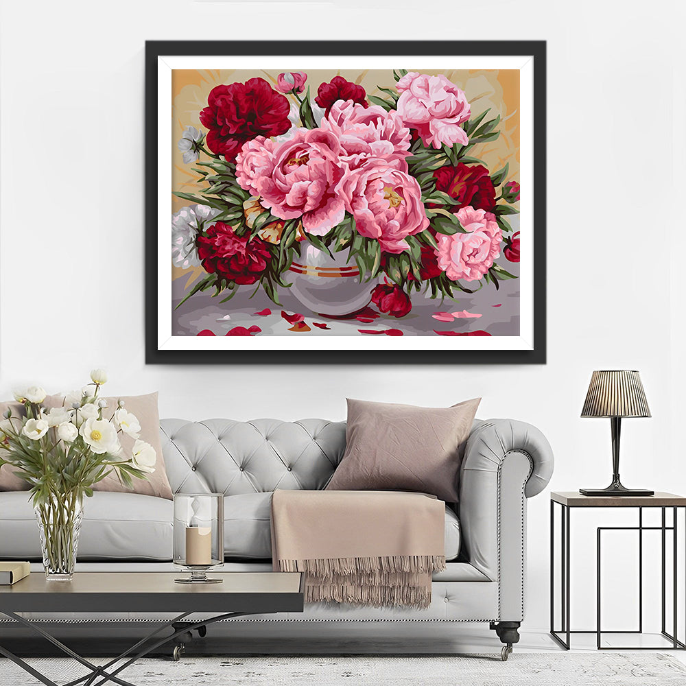 Roze en Rode Pioenen in Glazen Vaas Diamond Painting
