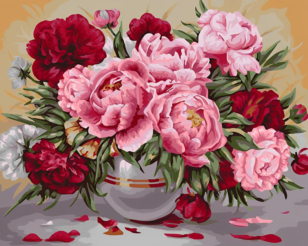 Roze en Rode Pioenen in Glazen Vaas Diamond Painting