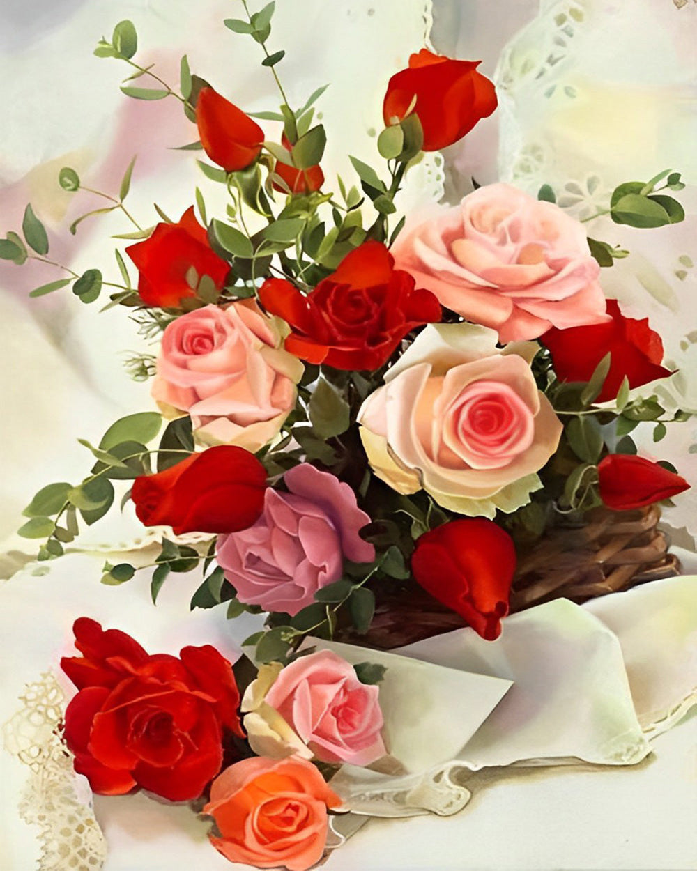 Roze en Rood Rozenboeket Diamond Painting