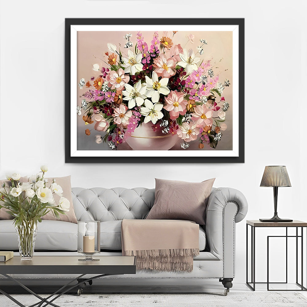 Roze en Witte Bloemen in Pot Diamond Painting
