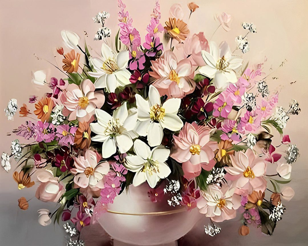 Roze en Witte Bloemen in Pot Diamond Painting