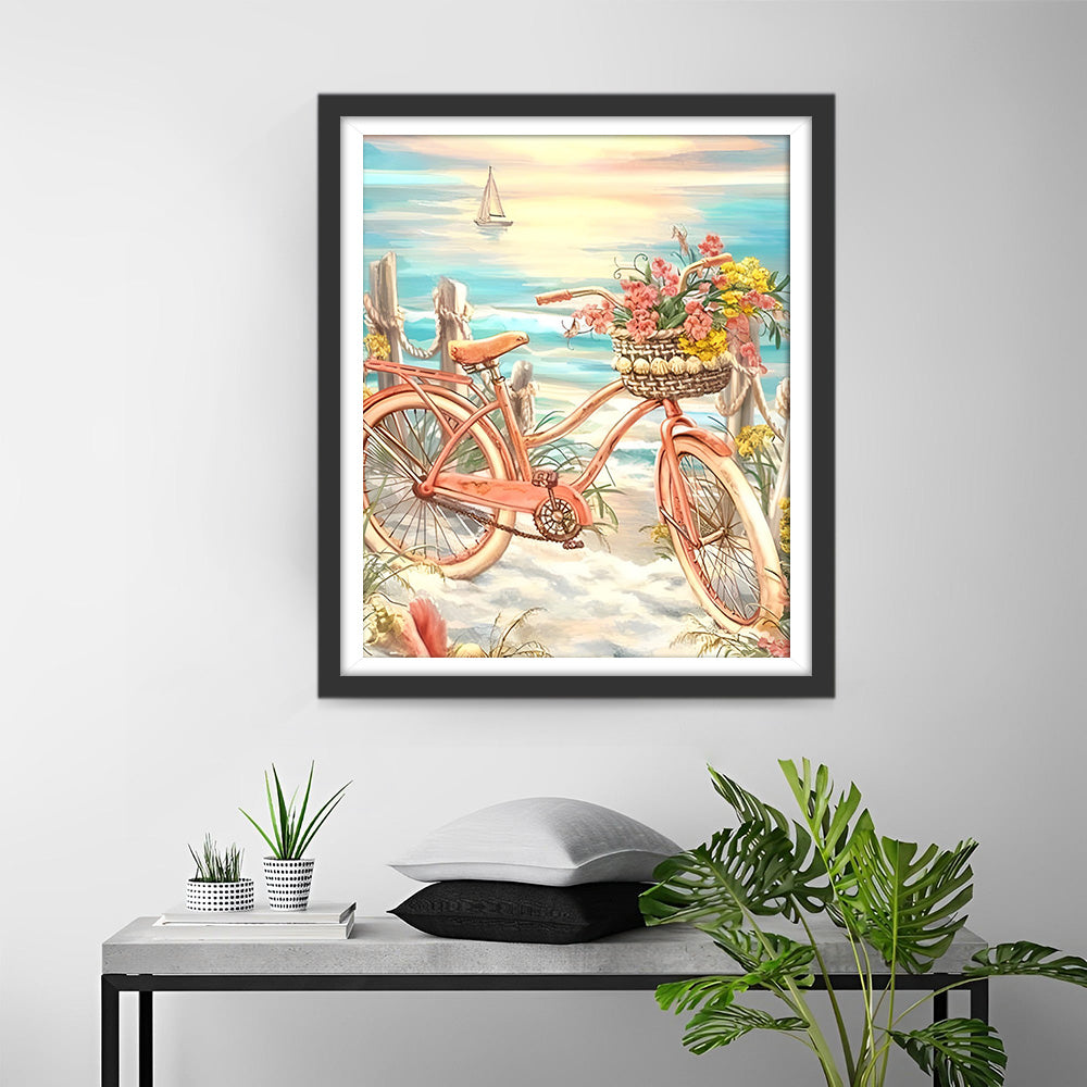 Roze Fiets aan Zee Diamond Painting