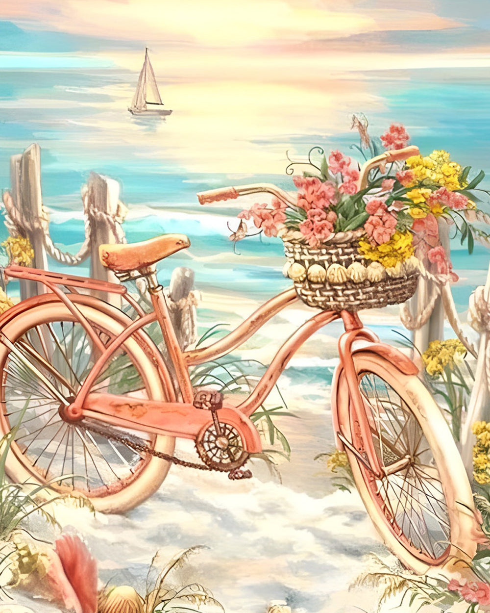 Roze Fiets aan Zee Diamond Painting