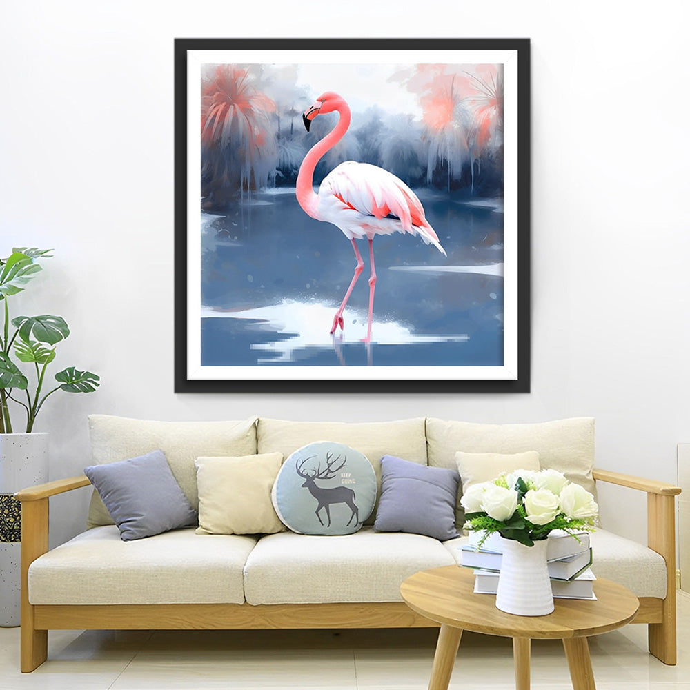 Roze Flamingo op het Meer in de Winter Diamond Painting