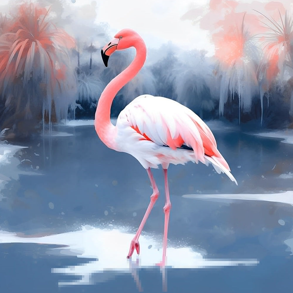Roze Flamingo op het Meer in de Winter Diamond Painting