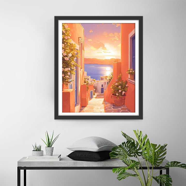 Roze Gebouw aan de Kust Diamond Painting