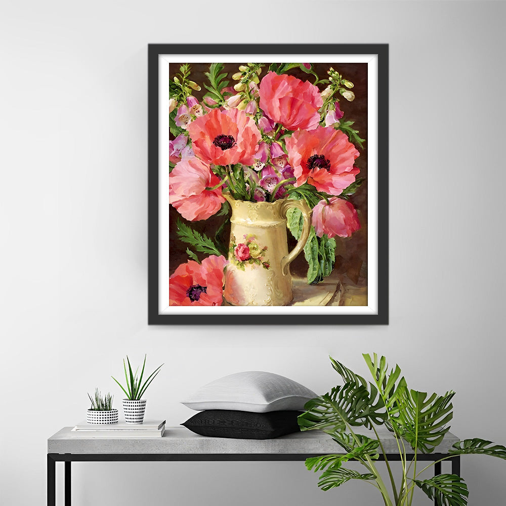 Roze Klaprozen in Gele Vaas Diamond Painting