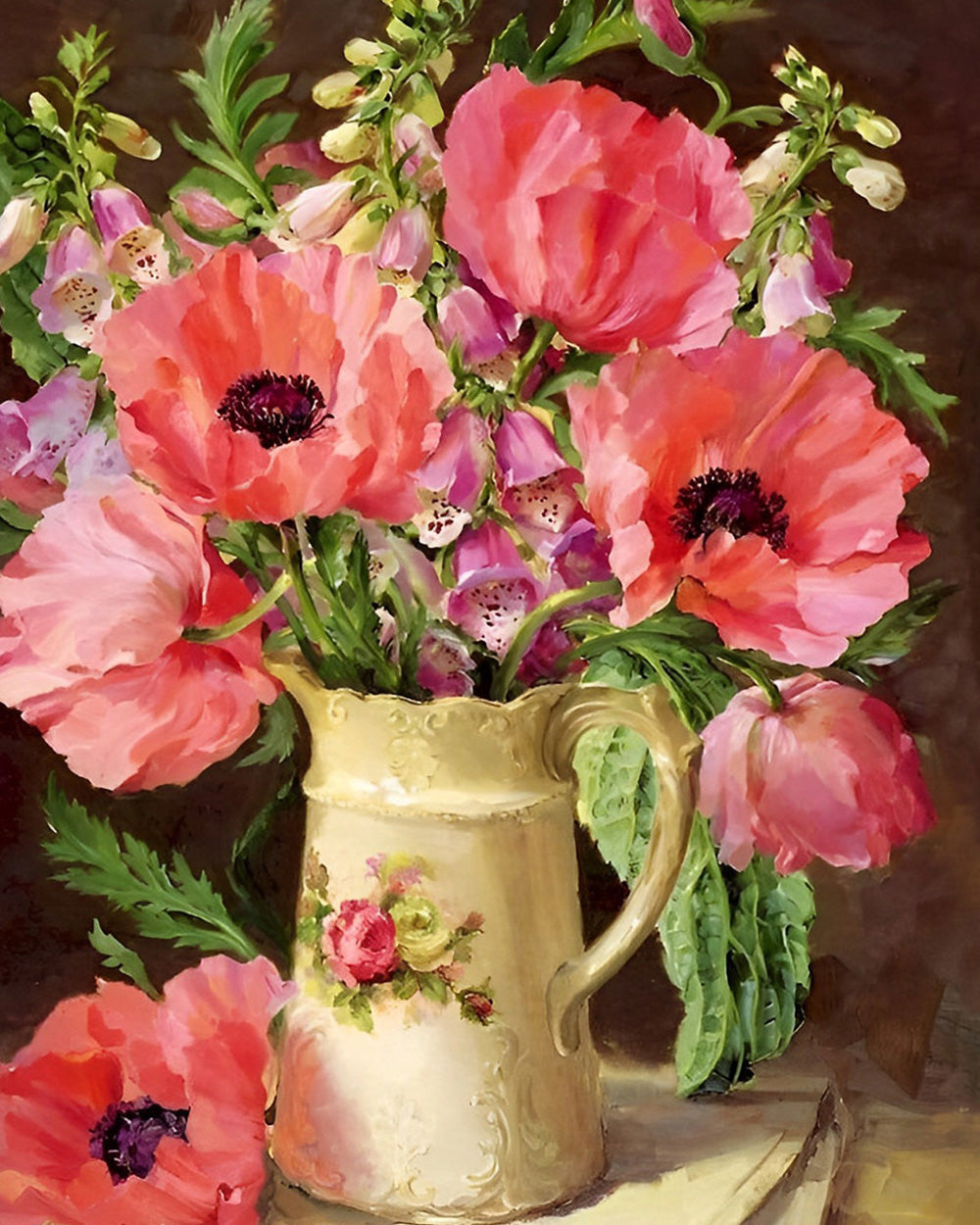 Roze Klaprozen in Gele Vaas Diamond Painting