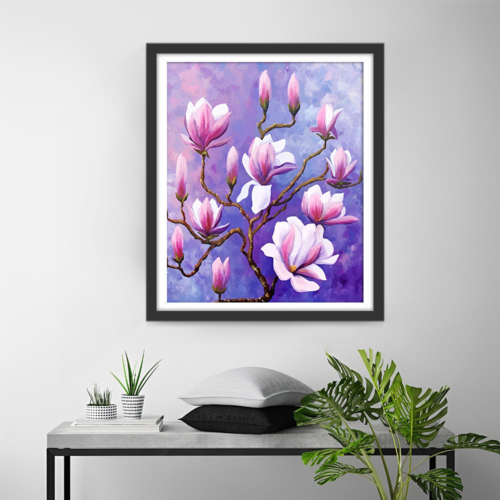 Roze Magnolia Bloemen aan Boom Diamond Painting