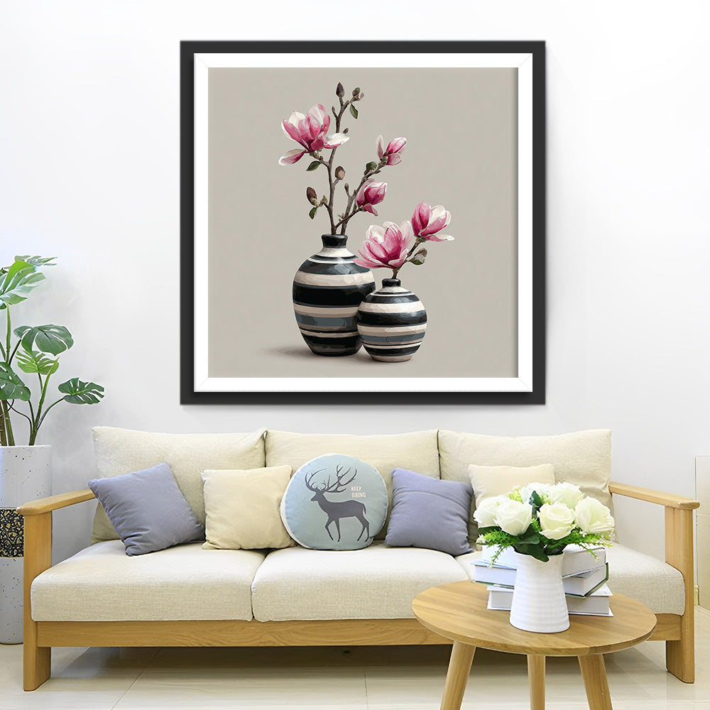 Roze Magnolia Takken in een Aardewerken Pot Diamond Painting