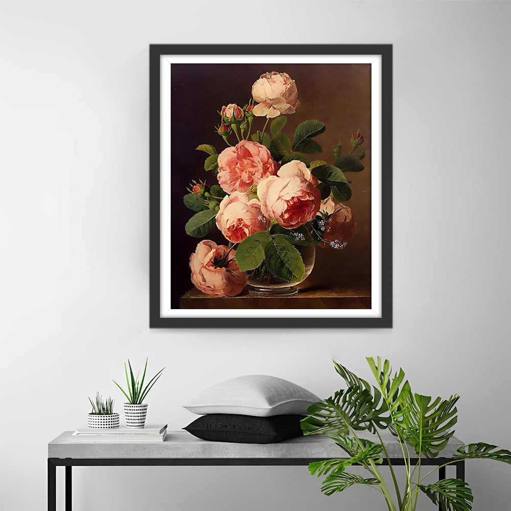 Roze Pioenen in Glazen Vaas Diamond Painting