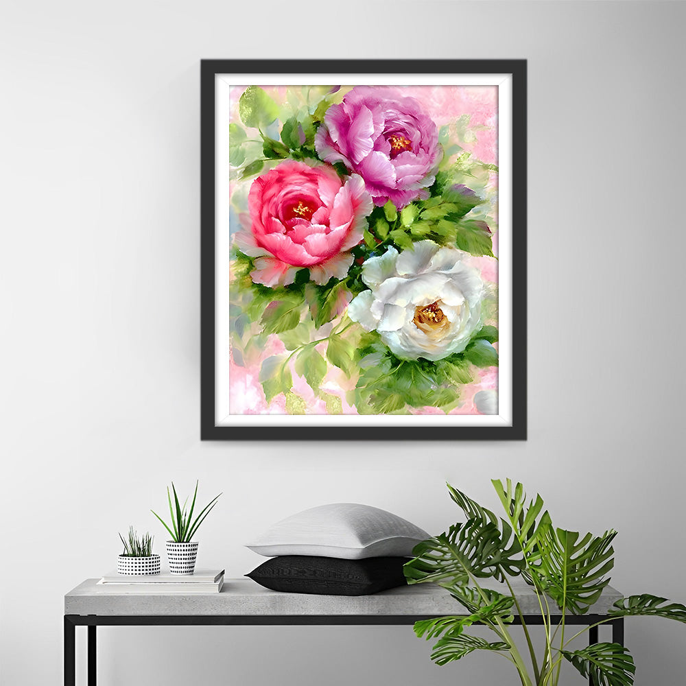 Roze, Rode en Witte Pioenen Diamond Painting