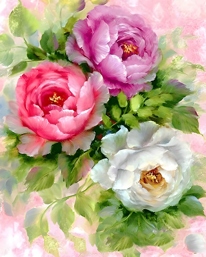 Roze, Rode en Witte Pioenen Diamond Painting