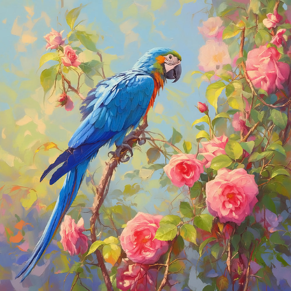 Roze Rozen en Papegaai Diamond Painting