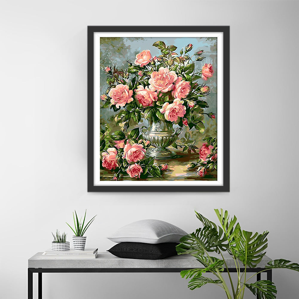 Roze Rozen in Zilveren Vaas Diamond Painting