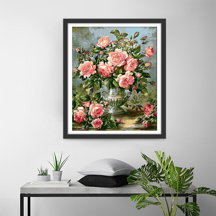 Roze Rozen in Zilveren Vaas Diamond Painting