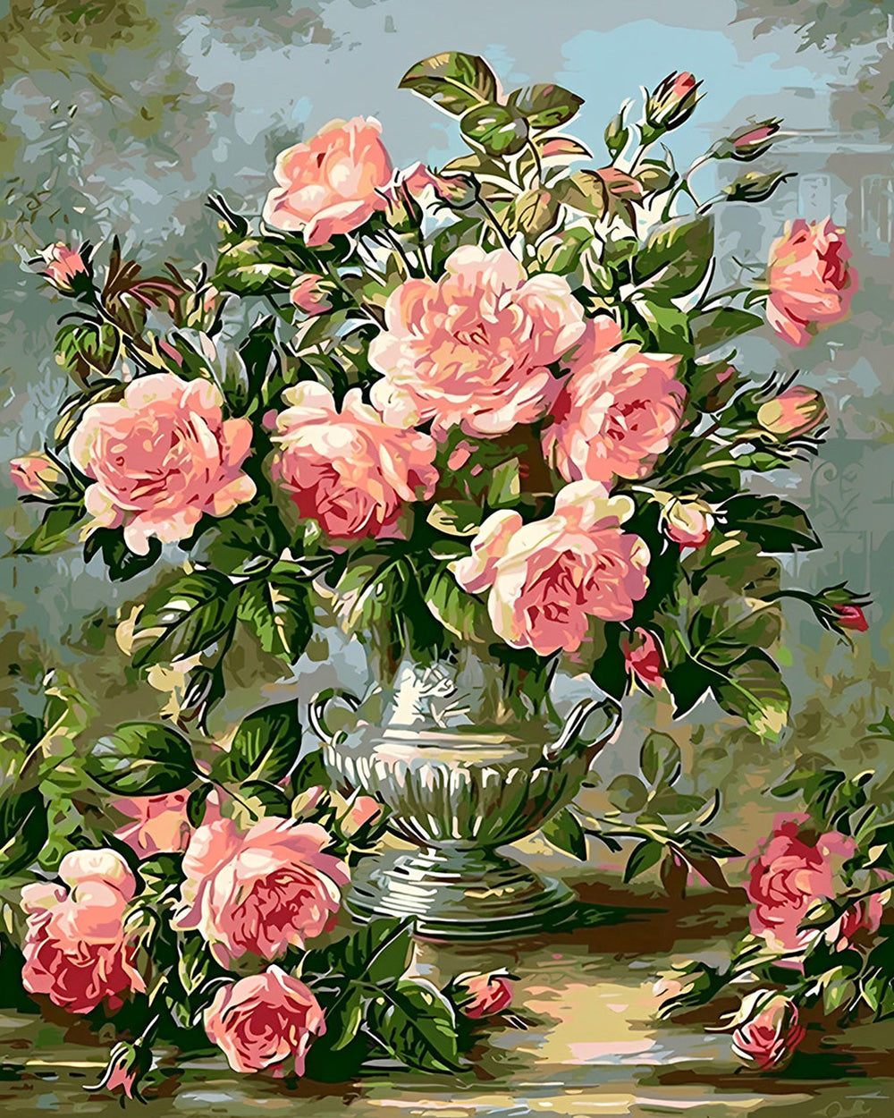 Roze Rozen in Zilveren Vaas Diamond Painting
