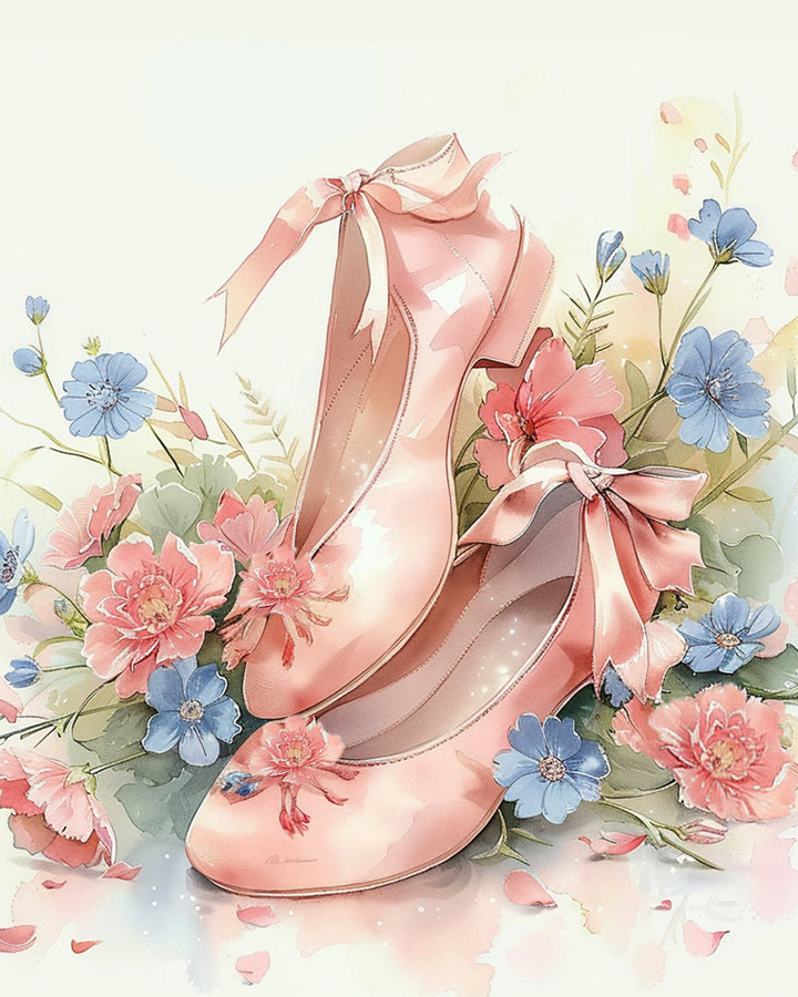 Roze Schoenen en Bloemen Diamond Painting