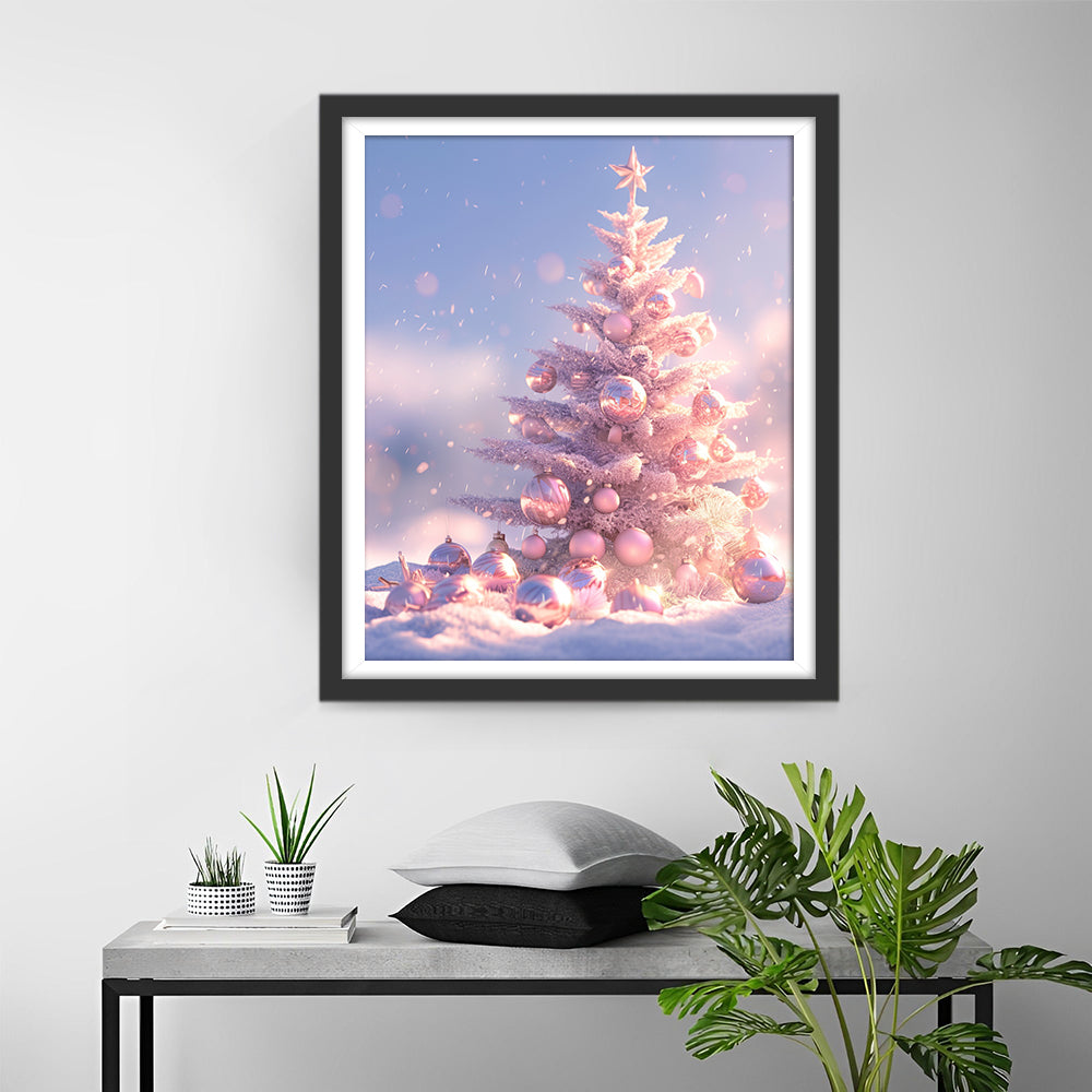 Roze Versierde Kerstboom in de Sneeuw Diamond Painting