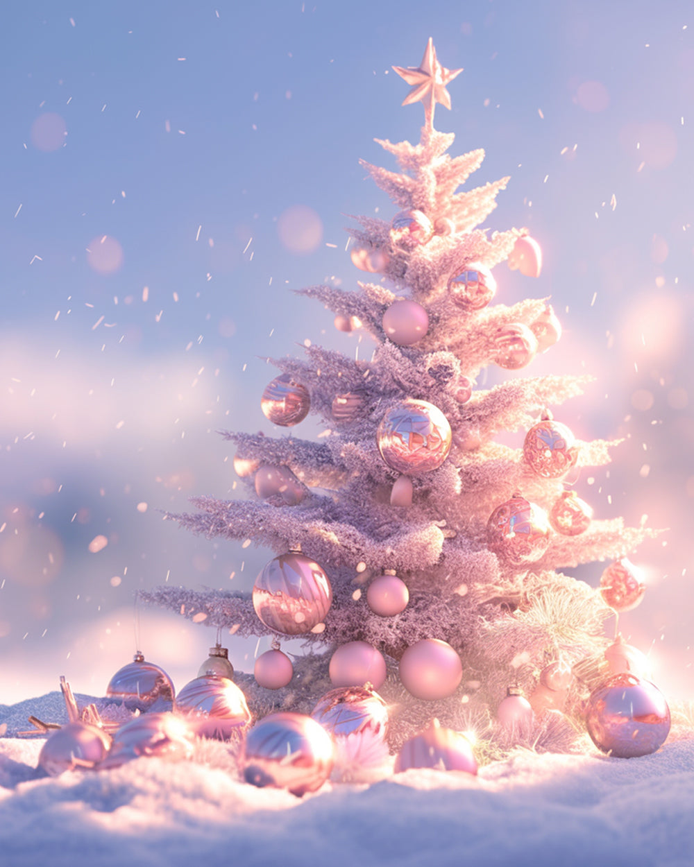 Roze Versierde Kerstboom in de Sneeuw Diamond Painting