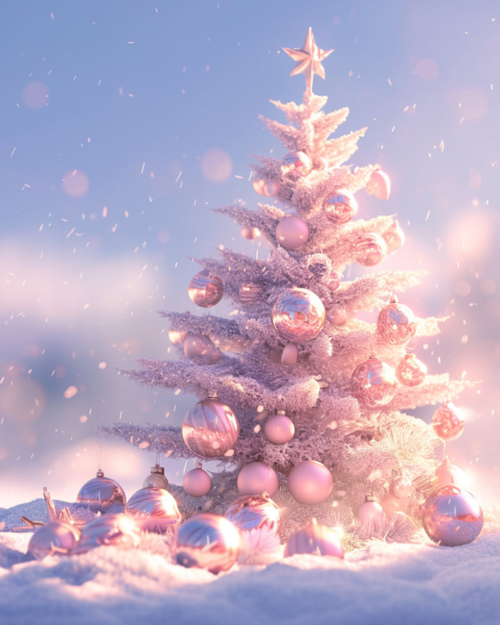 Roze Versierde Kerstboom in de Sneeuw Diamond Painting