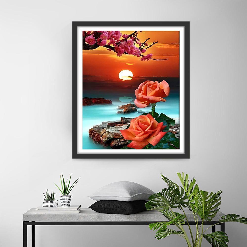 Rozen en Bloemenboom bij Zonsopgang Diamond Painting