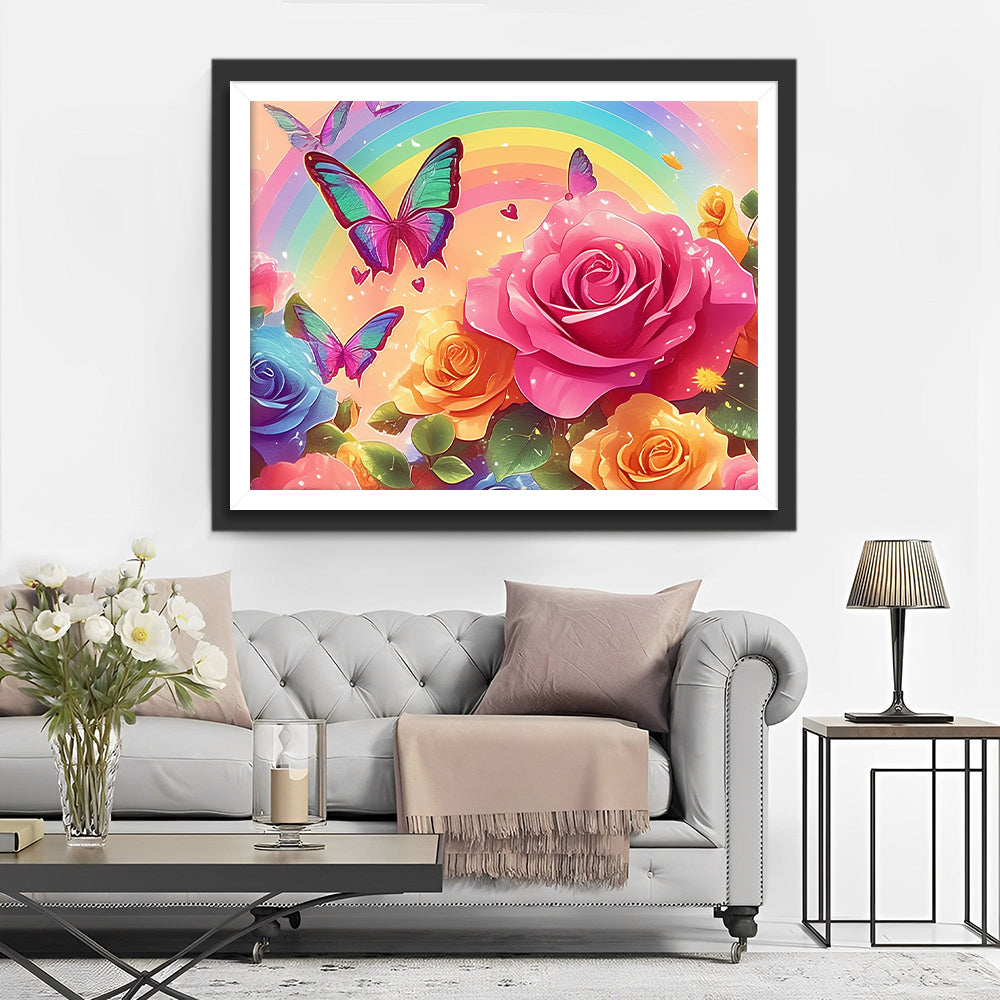 Rozen in Verschillende Kleuren met Vlinders bij een Regenboog Diamond Painting