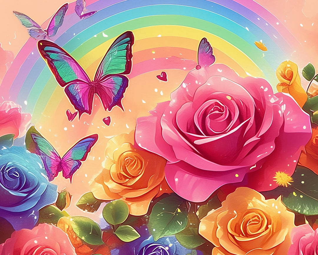 Rozen in Verschillende Kleuren met Vlinders bij een Regenboog Diamond Painting