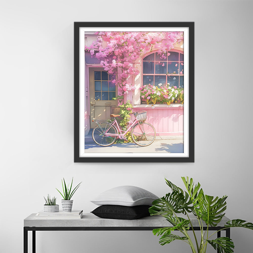 Roze Bloemen en Roze Fiets Diamond Painting