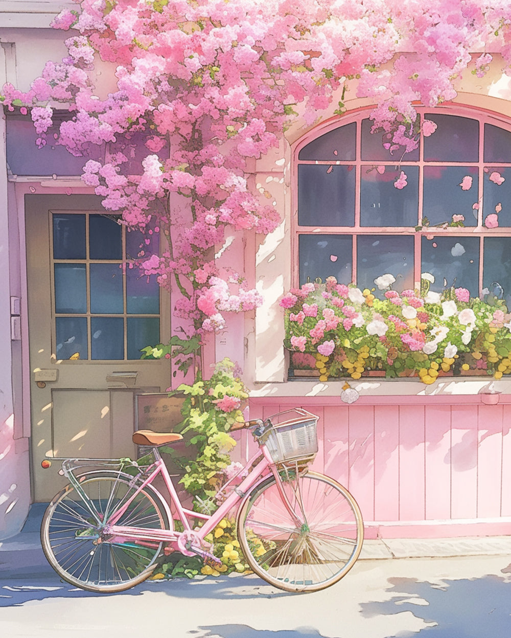Roze Bloemen en Roze Fiets Diamond Painting
