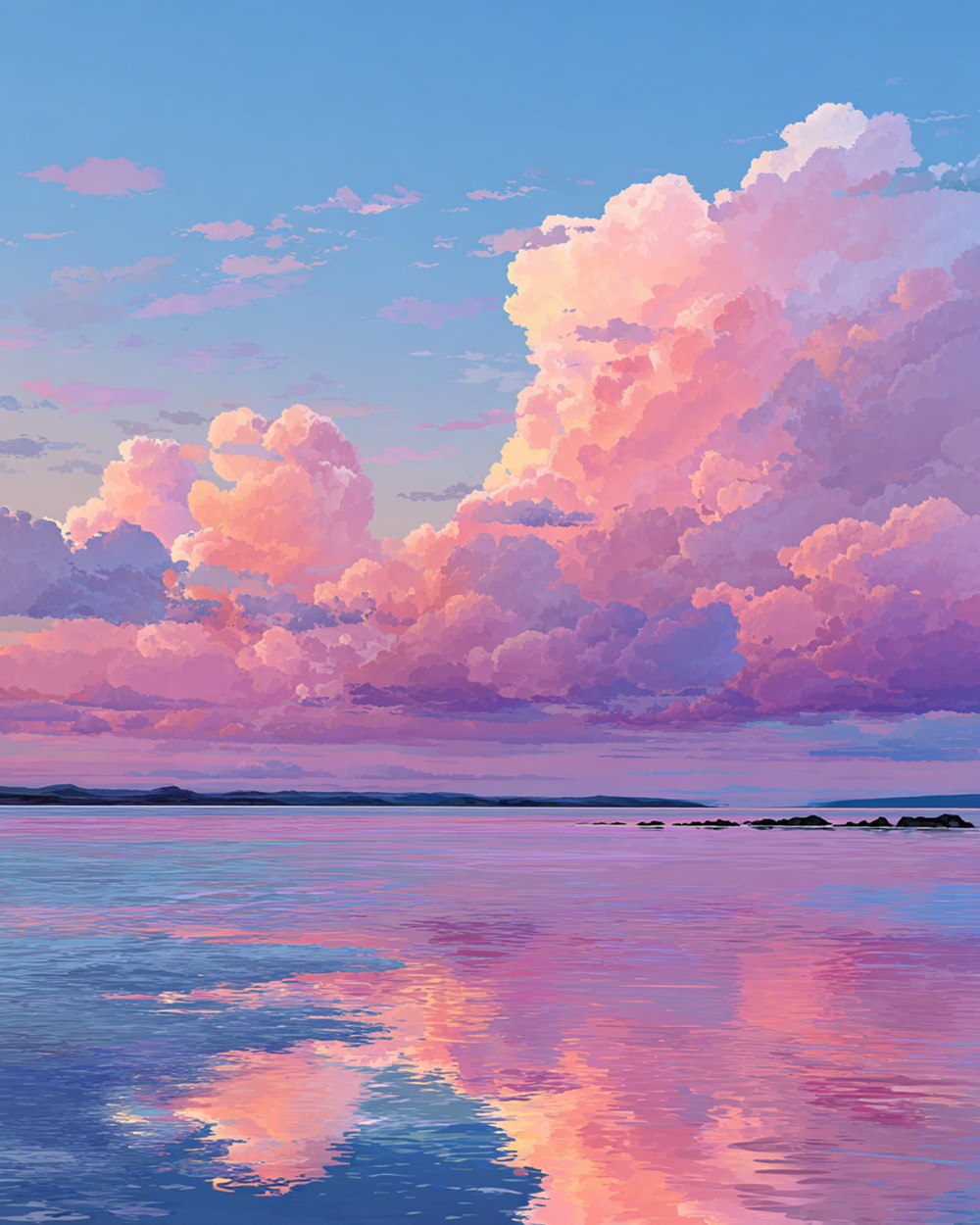 Rustige Zee onder Roze Wolken Diamond Painting