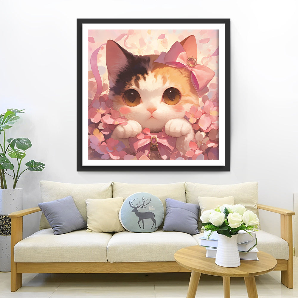 Schattig Katje met Roze Strik Diamond Painting