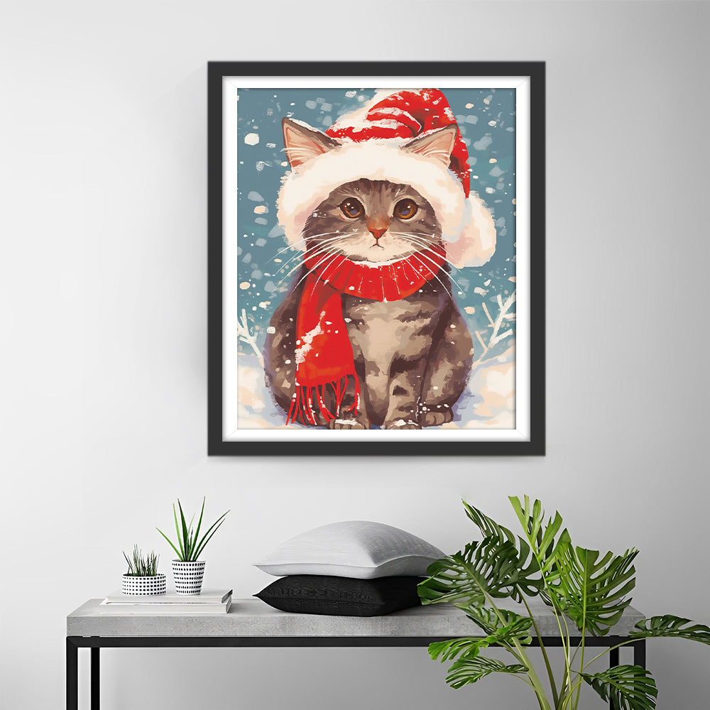 Schattig Kitten met Muts en Sjaal in de Sneeuw Diamond Painting