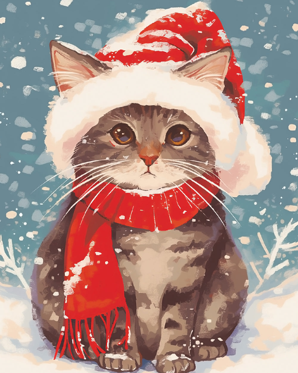 Schattig Kitten met Muts en Sjaal in de Sneeuw Diamond Painting