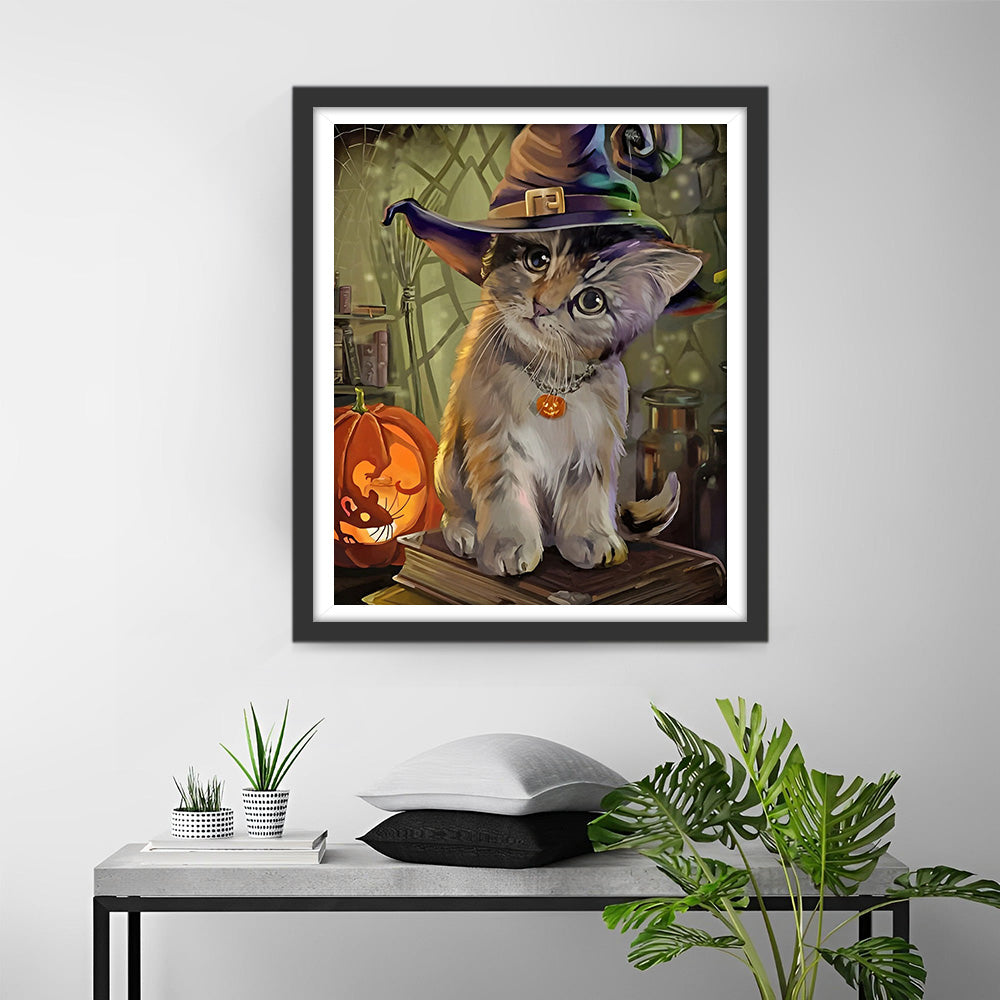 Schattige Halloween Kat met Tovenaarshoed Diamond Painting