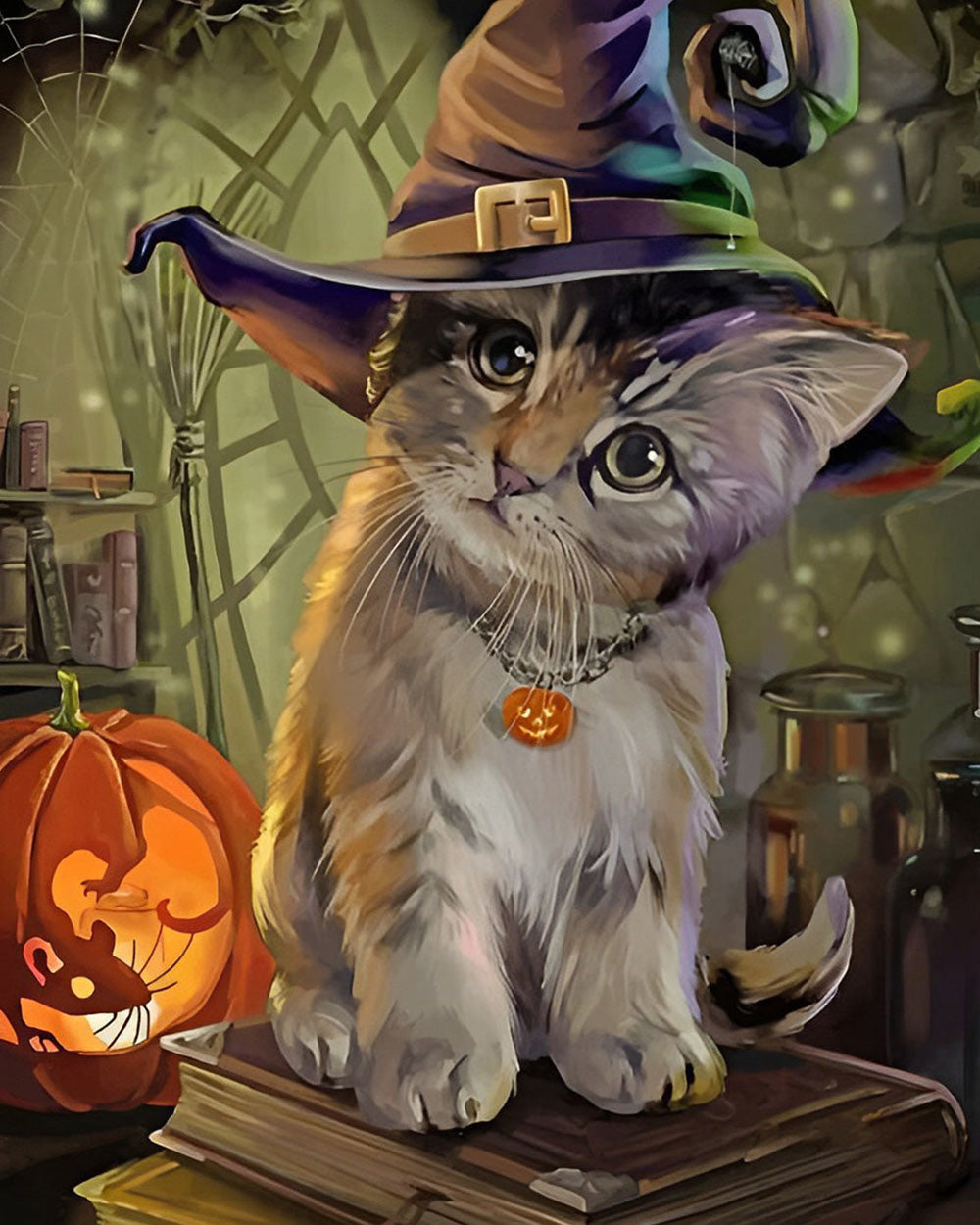 Schattige Halloween Kat met Tovenaarshoed Diamond Painting
