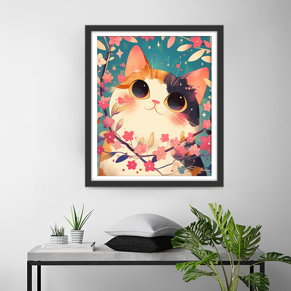 Schattige Kat en Roze Bloemen Diamond Painting