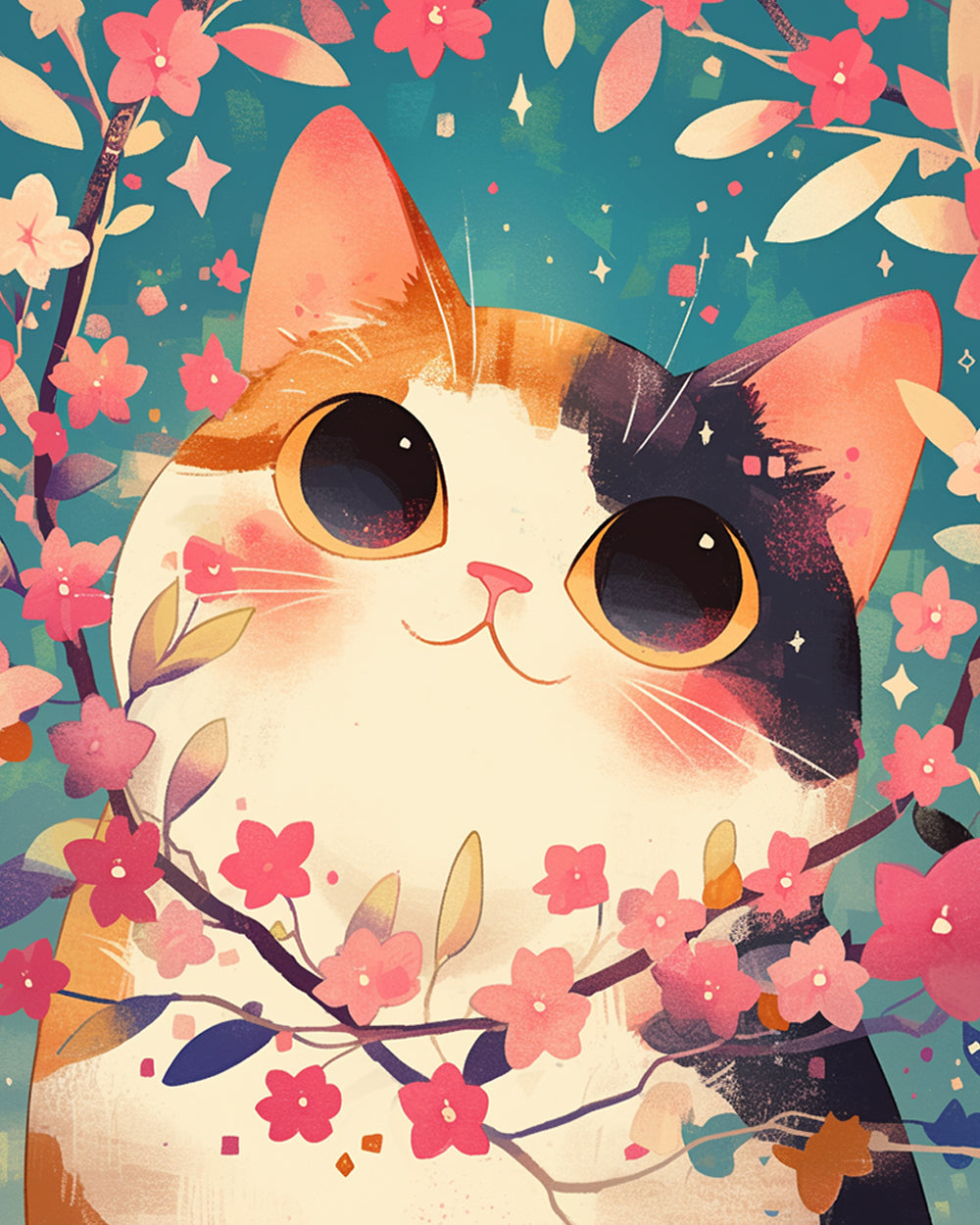 Schattige Kat en Roze Bloemen Diamond Painting