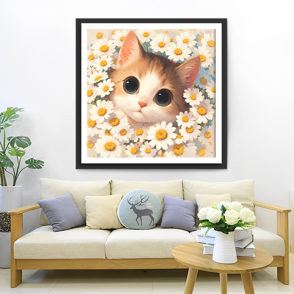 Schattige Kat met Madeliefjes Diamond Painting