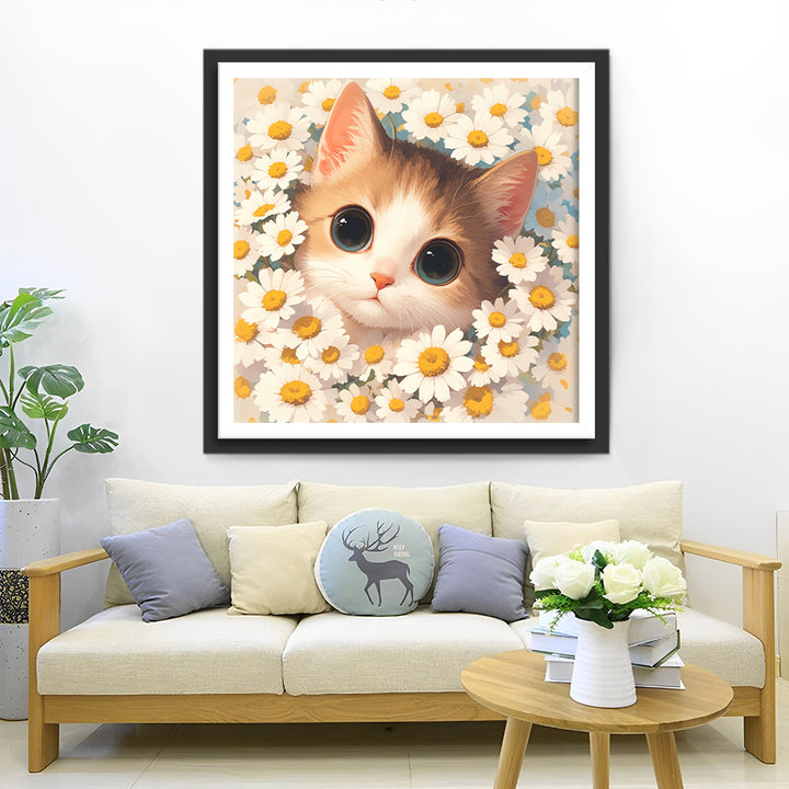 Schattige Kat met Madeliefjes Diamond Painting