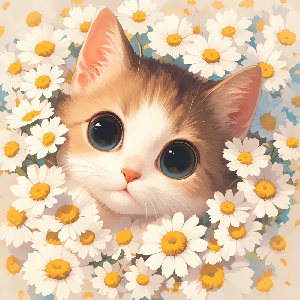 Schattige Kat met Madeliefjes Diamond Painting