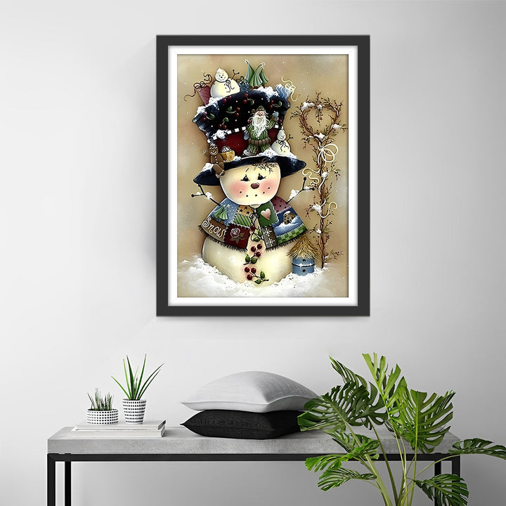 Schattige Kerst-Sneeuwpop met Hoed en Takjes Diamond Painting