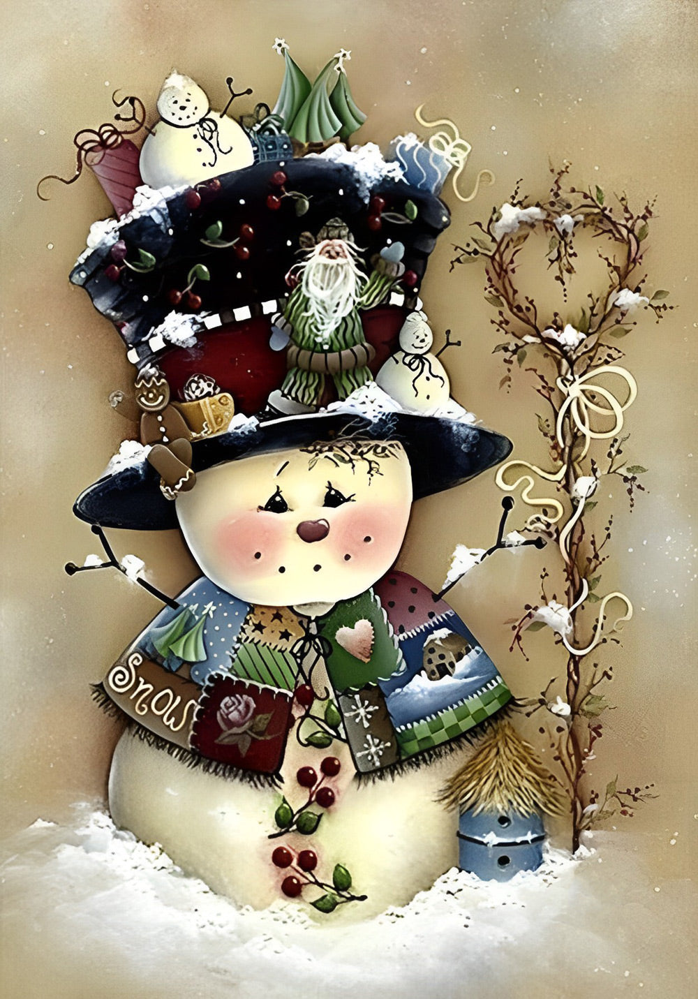 Schattige Kerst-Sneeuwpop met Hoed en Takjes Diamond Painting